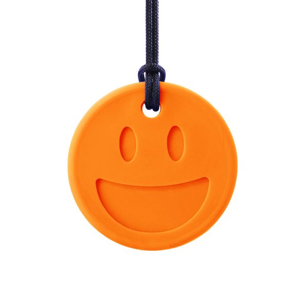 Orange tugghalsband med smiley face-design, anpassat för NPF-barn