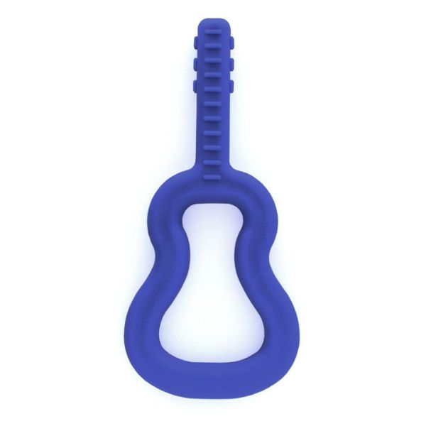 Blå Gitarr-tugghjälpmedel med lång förlängning och upphöjda strängar.