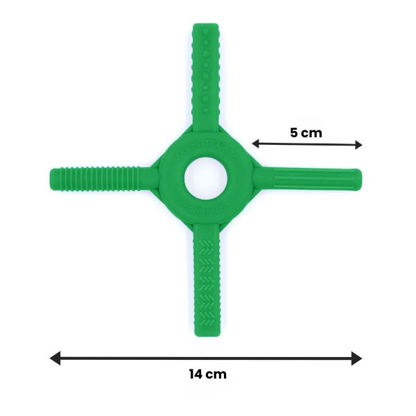 Storleksreferens av Tetra-Bite Fidget, ca 14 cm över hela längden.
