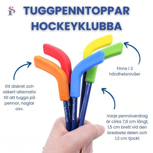 Informationsblad om Hockeyklubba tuggpenntopp, visar funktion och tålig design.