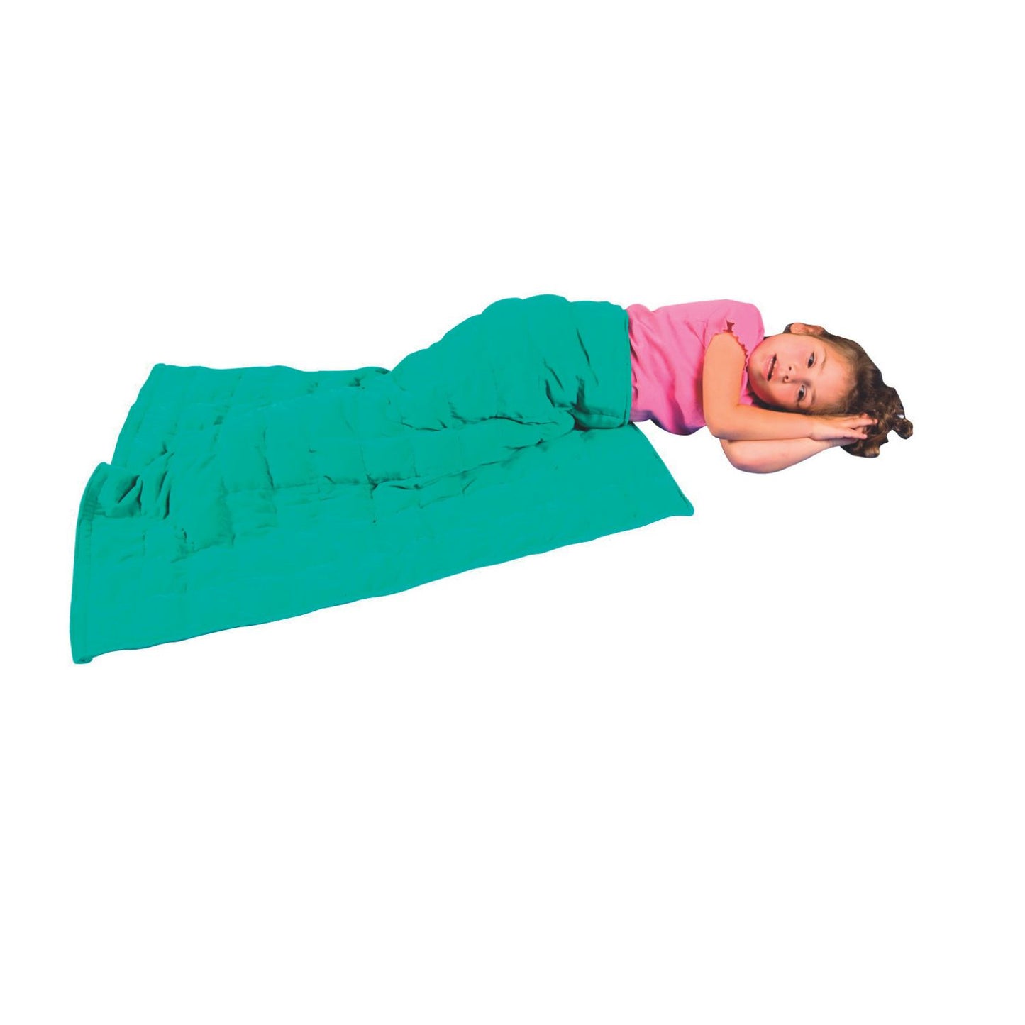 Barn under grön tyngdfilt 2,1 kg, sensoriskt hjälpmedel för lugn, vila och kroppsnärvaro vid NPF.