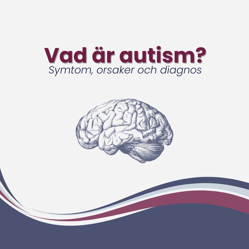 Illustration med texten 'Vad är autism?' samt en stiliserad vågig design i blå och vita nyanser. Informativ bild för NPF-Guiden.