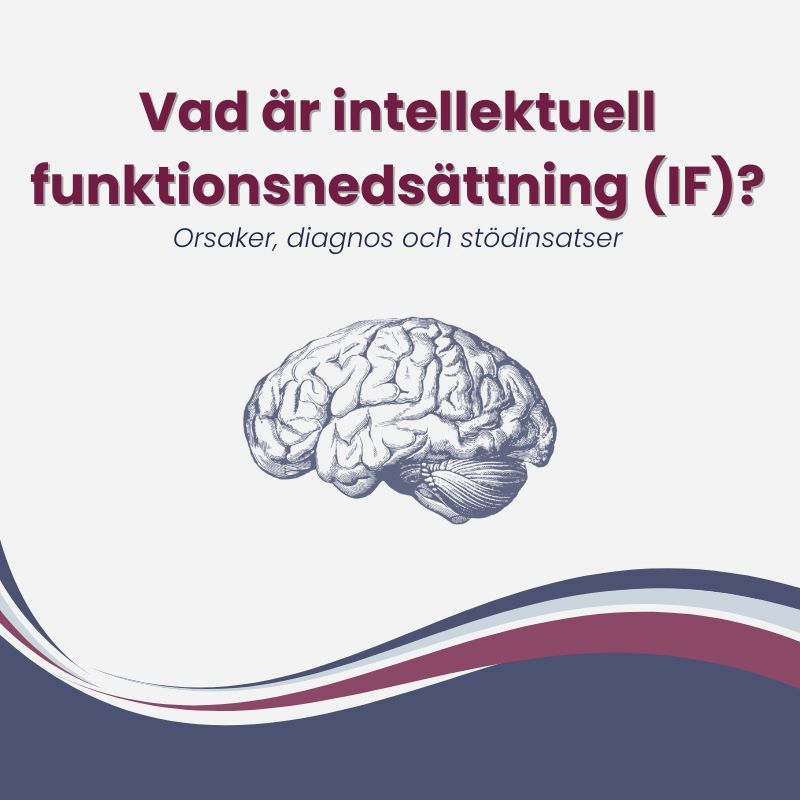 Illustration med texten 'Vad är intellektuell funktionsnedsättning (IF)?' och underrubriken 'Orsaker, diagnos och stödinsatser'. Blå och orange toner.