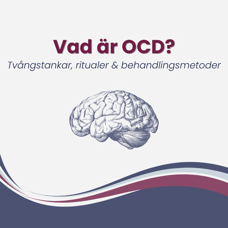 Illustration med texten 'Vad är OCD?' och underrubriken 'Tvångstankar, ritualer och behandlingsmetoder'. Blå och grå toner.