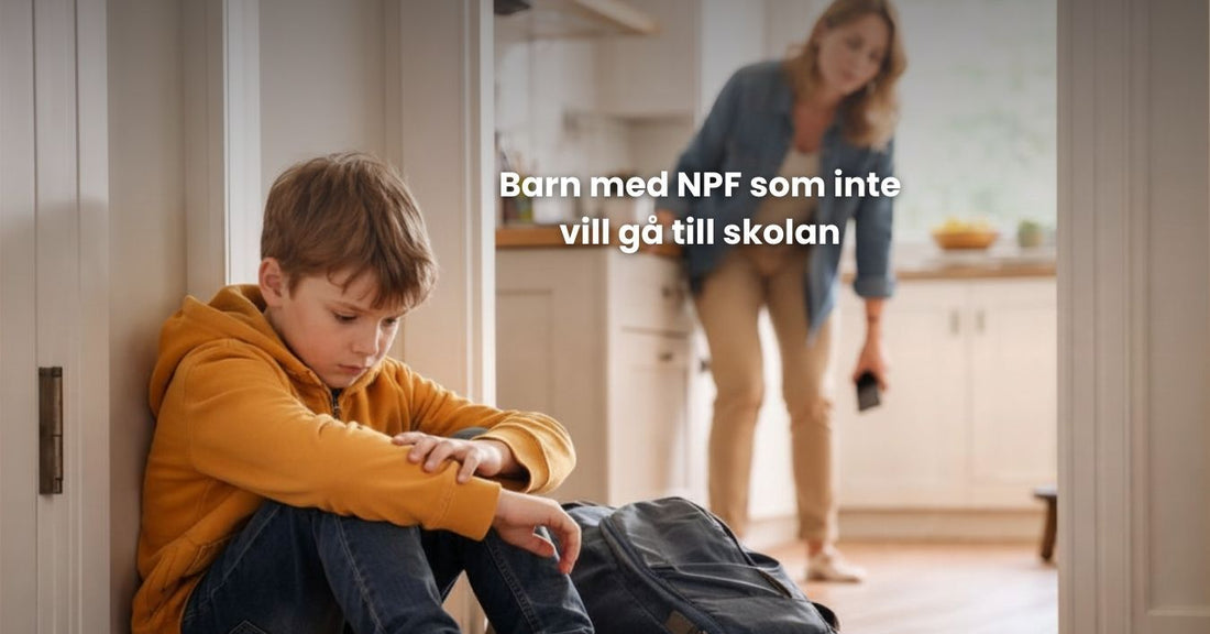 Barn sitter nedstämt på golvet med skolväskan bredvid, mamma i bakgrunden, situation kring skolvägran vid NPF