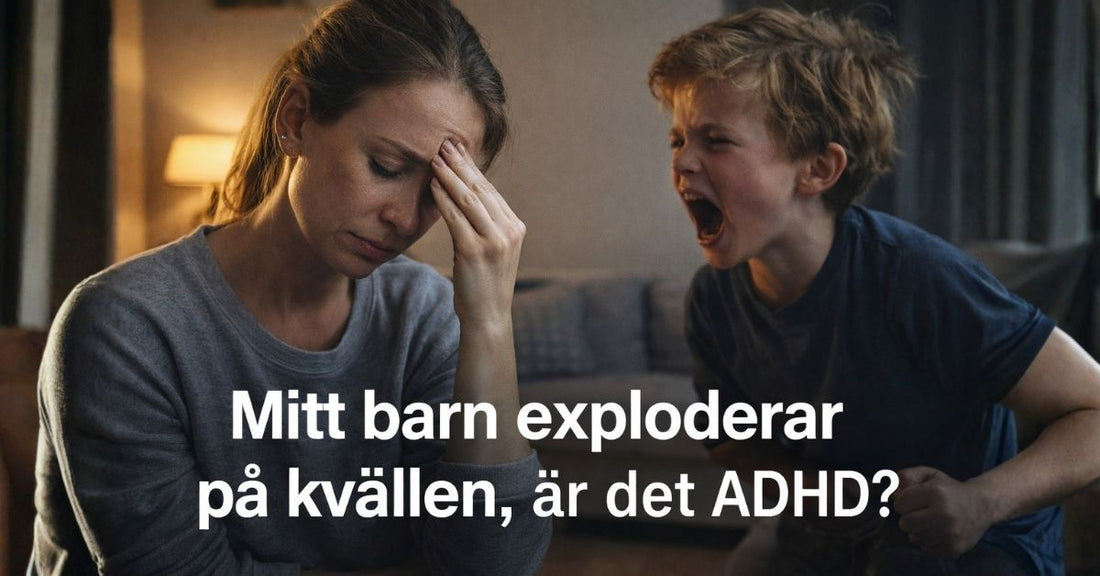 Mamma sitter trött medan barn skriker, kvällsutbrott vid ADHD i hemmet