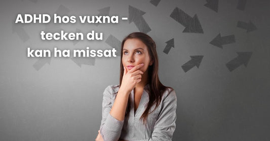 Kvinna står tänkande med pilar runt huvudet, symboliserar tankekaos och ADHD hos vuxna.