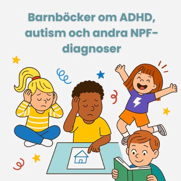 Illustration med barn som läser och samtalar tillsammans med vuxna, omgivna av böcker med teman som ADHD, autism och NPF.