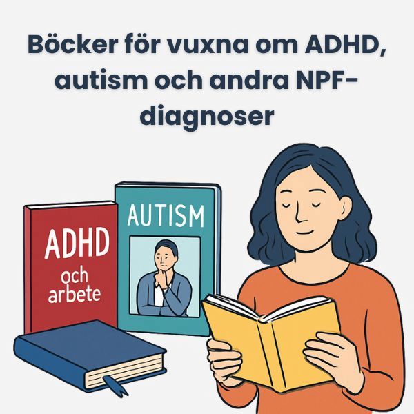 Illustration med böcker för vuxna om ADHD, autism och NPF, staplade mot vit bakgrund