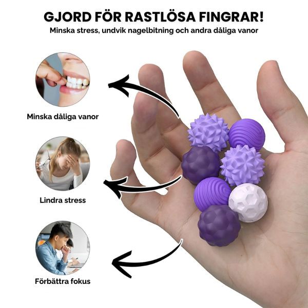 Illustration som visar hur fidgetkulorna används mot stress, oro och dåliga vanor. 
