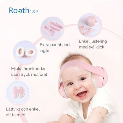 Rosa babyhörselskydd med illustrationer av funktioner och tillbehör.