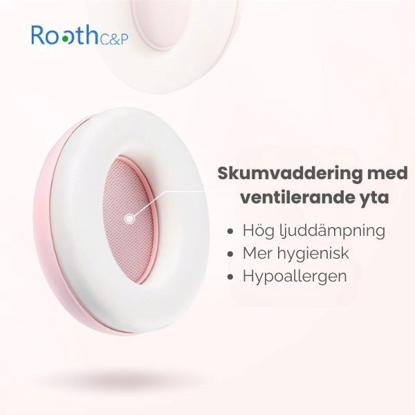Närbild på rosa öronkåpa med ventilerande skumvaddering.