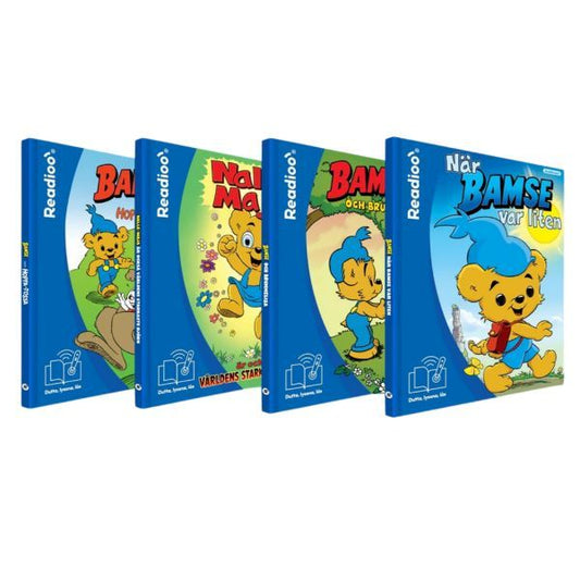 Bokpaket med fyra interaktiva Bamse-böcker för barn, anpassade för språkutveckling och barn med NPF