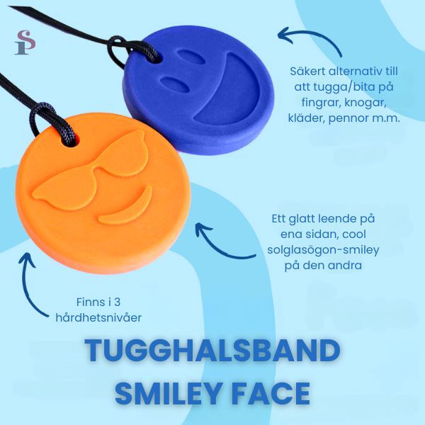 Infografik om orange och blå Smiley Face-tugghalsband i tre hårdhetsnivåer.