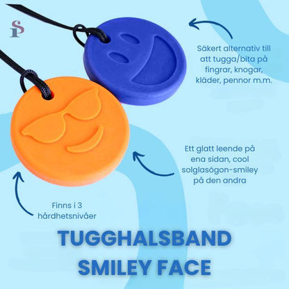 Infografik om orange och blå Smiley Face-tugghalsband i tre hårdhetsnivåer.