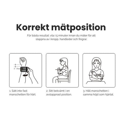 Illustration av korrekt mätposition vid handledsmätning av blodtryck.