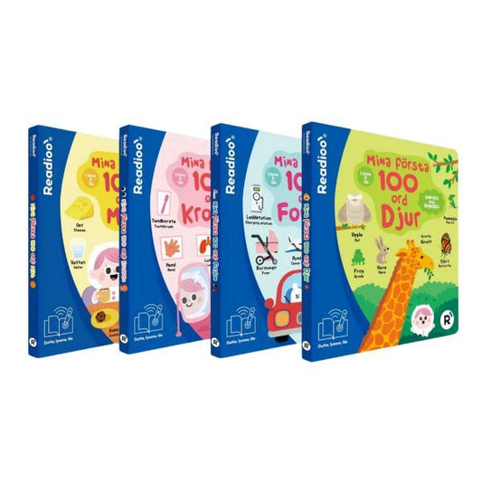 Fyra barnböcker i serien Mina första 100 ord med teman djur, mat, kroppen och fordon, anpassade för tidig språkutveckling.