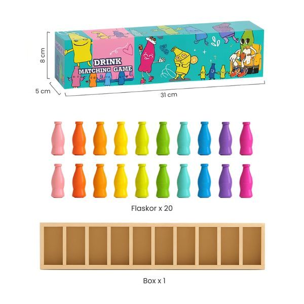 Innehåll i Drink Matching Game med 20 färgade flaskor och en träram med tio fack.