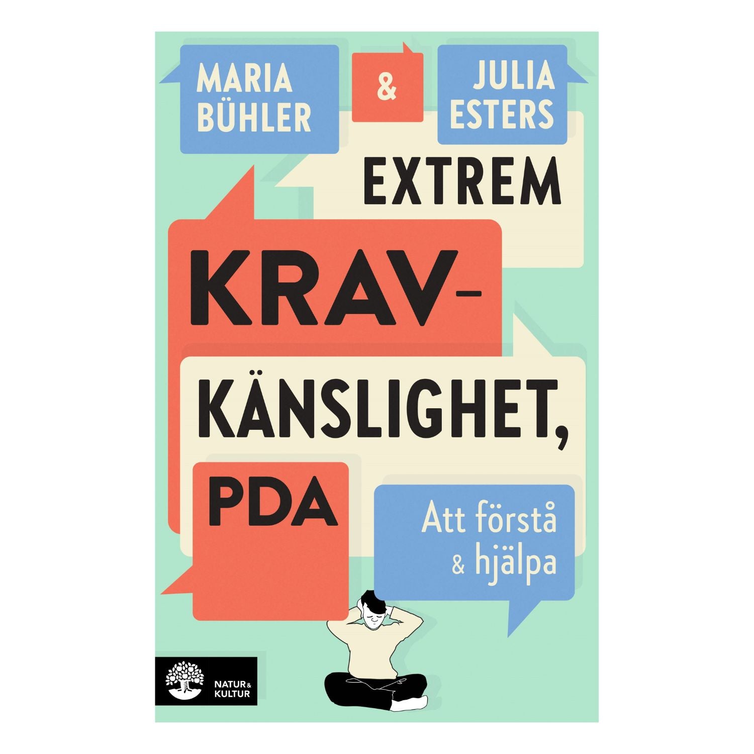 Bokomslag "Extrem kravkänslighet, PDA" av Maria Bühler och Julia Esters, text i pratbubblor på grön bakgrund, Natur & Kultur.