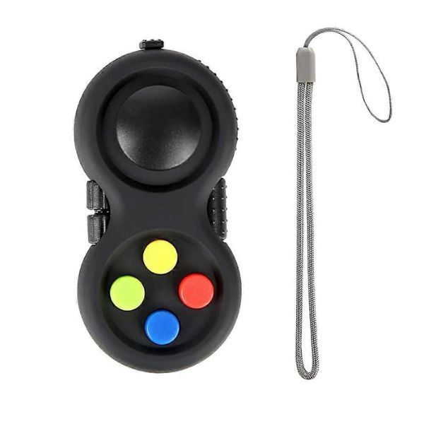 Svart fidget-leksak med joystick och färgglada knappar, utrustad med en handledsrem för enkel användning.