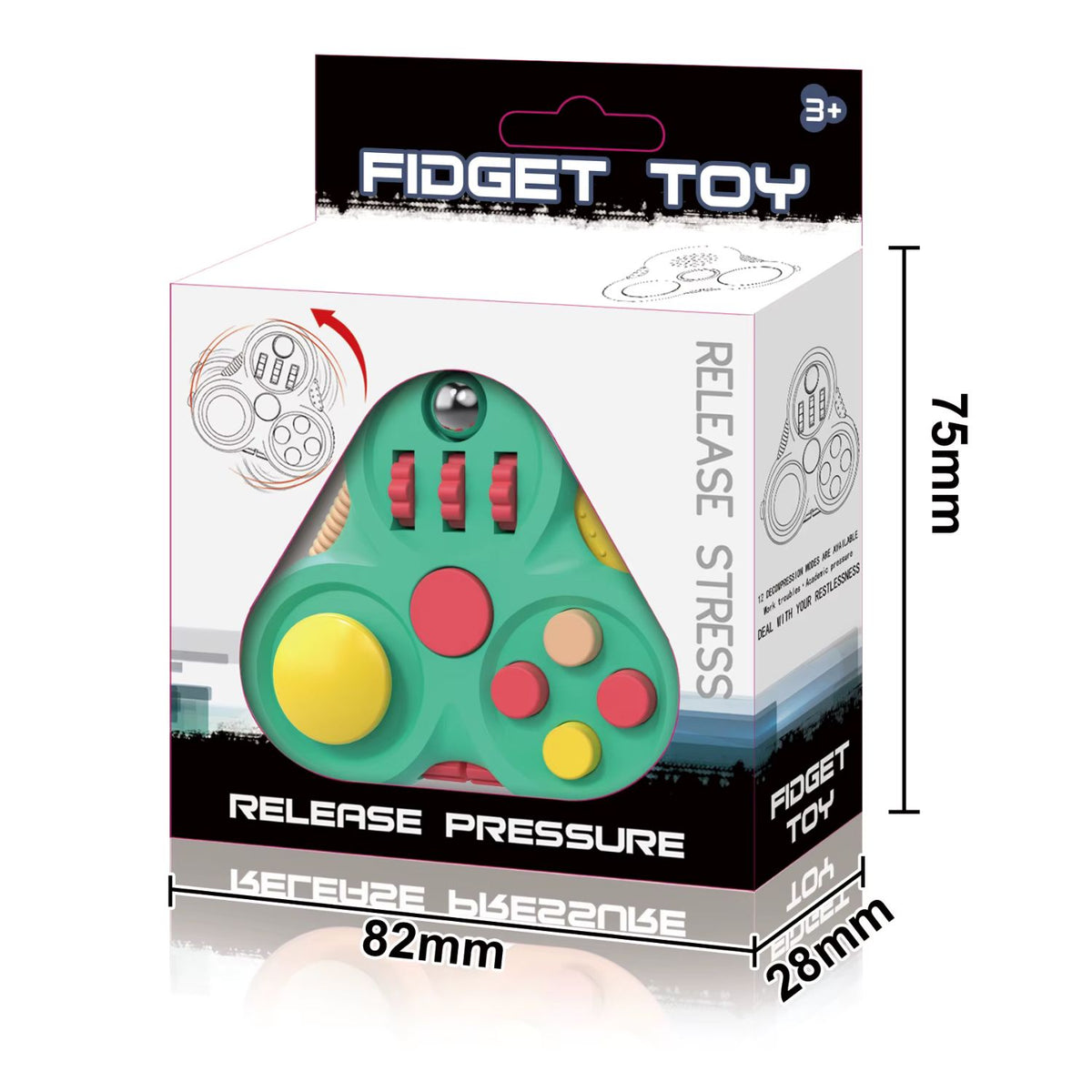 Grön sensorisk Gamepad fidgetleksak med knappar, rullar och metallkula i förpackning.