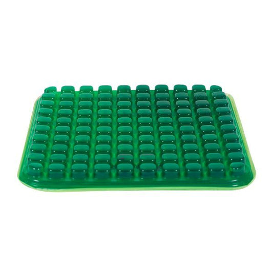 Grön Gel-E sittkudde med rutmönster, ergonomiskt hjälpmedel för balans och fokus