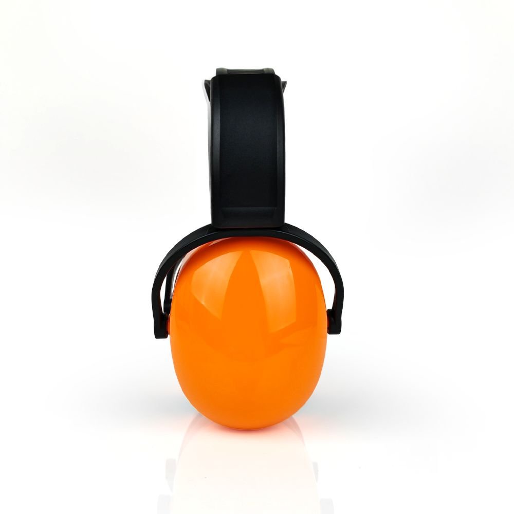 Orange hörselkåpa sedd från sidan, ergonomisk och slitstark.