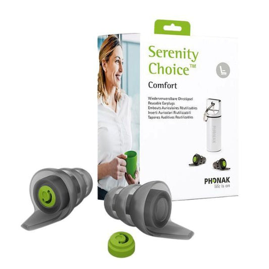 Komplett set: Serenity Choice Comfort-öronproppar i olika storlekar, akustiska filter och bärfodral.