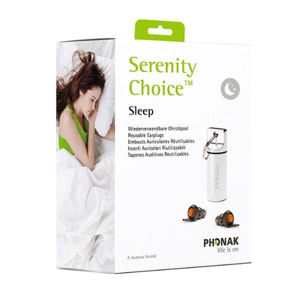 Förpackning av Serenity Choice Sleep som visar öronpropparnas design.