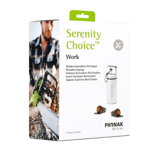 Förpackning av Serenity Choice Work – hörselskydd för arbetsmiljö med stilren design.
