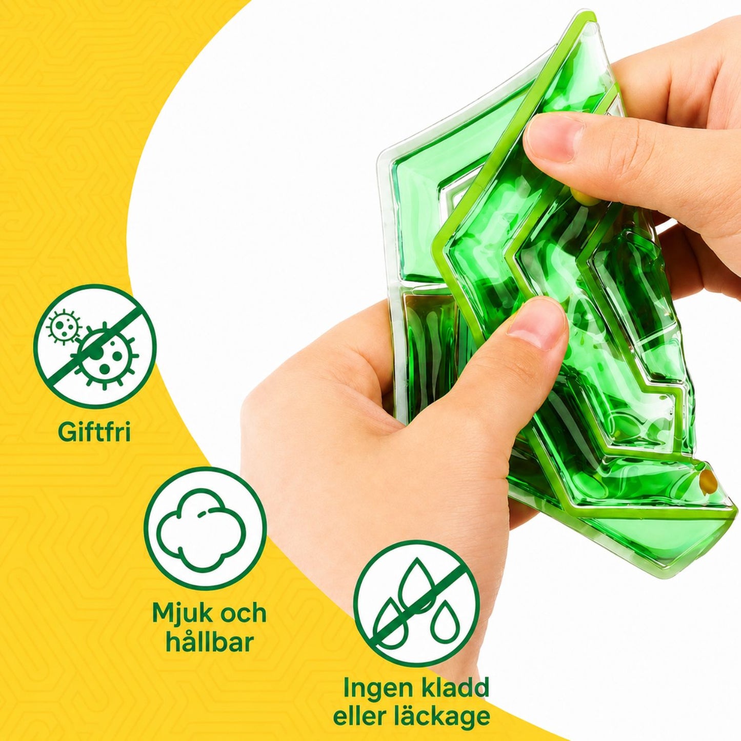 Grön labyrintfidget kramas i en hand, med symboler för giftfri, mjuk och hållbar samt ingen läckage.