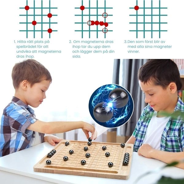 Barn som spelar Magnetic Chess, ett strategiskt magnetspel som tränar fokus, logiskt tänkande och tålamod