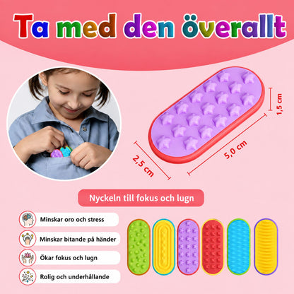 Lila fidgetplatta med stjärnstruktur och mått angivna, samt alla sex strukturer i en rad.