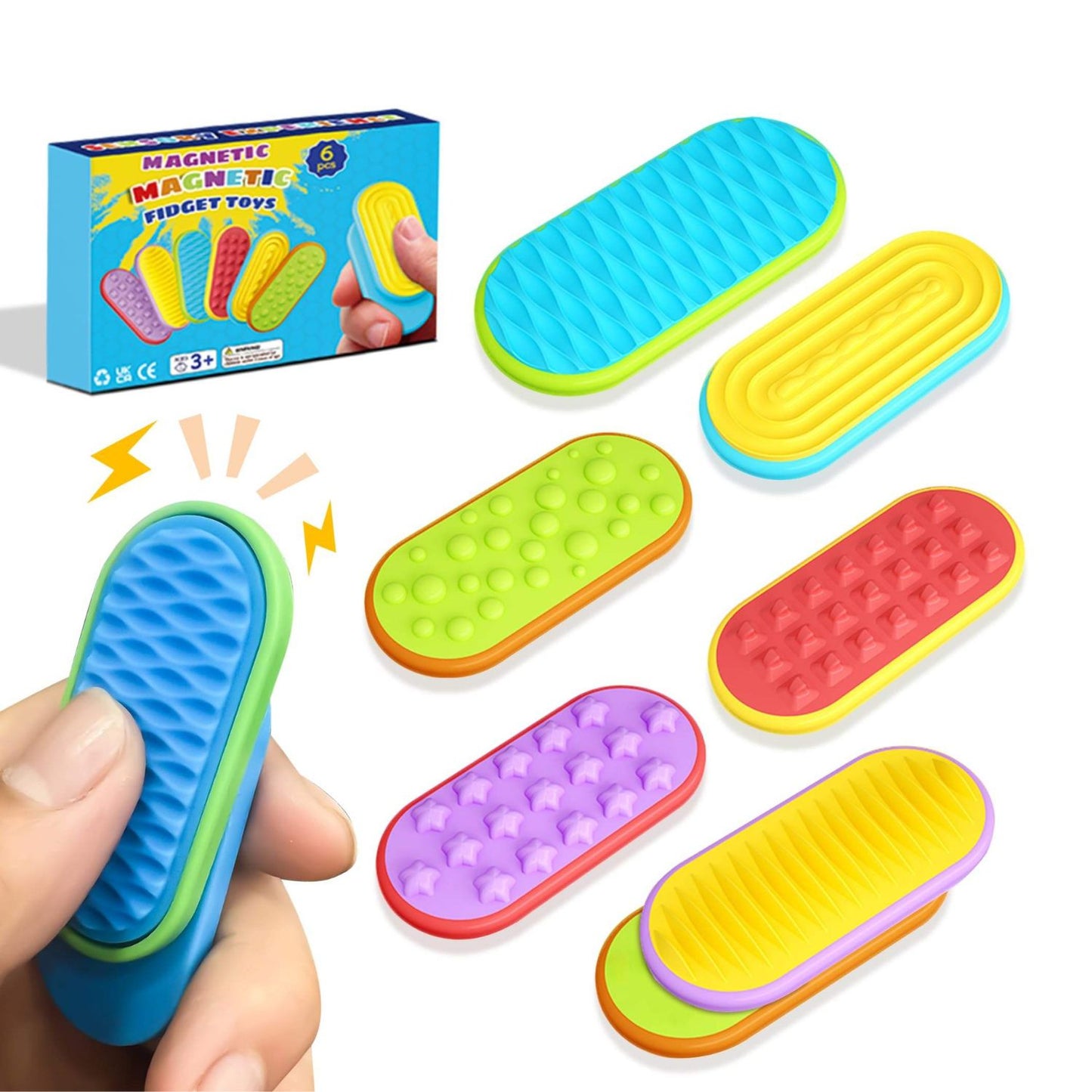 Sex magnetiska fidgetplattor i silikon för adhd, alla med olika struktur, en blå platta hålls mellan fingrarna.