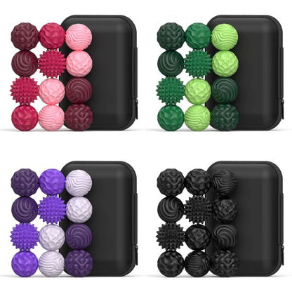 Fidgetbollar i fyra färger – röd, grön, lila och svart. Magnetiska bollar för fokus, lugn och taktil stimulans.