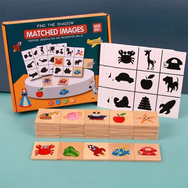 Pedagogiskt bildmatchningsspel i trä med skuggkort och bildbrickor