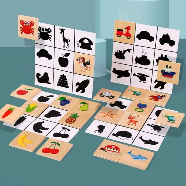 Pedagogiskt bildspel i trä med flera sätt att matcha bilder och skuggor