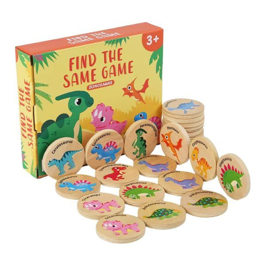 Memoryspel i trä med färgglada dinosaurier och förpackning märkt "Find the Same Game" för barn från 3 år.