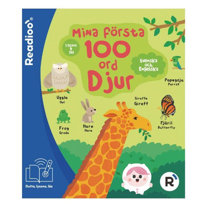 Omslag av Readioo-boken "Mina första 100 ord: Djur" tvåspråkig på svenska och engelska.