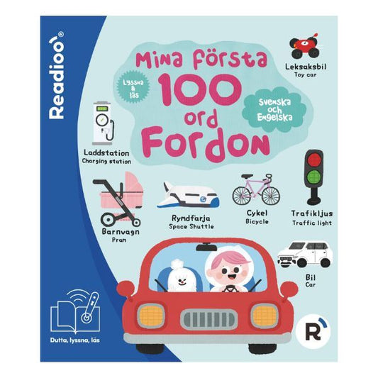 Omslag till boken Mina första 100 ord: Fordon - tvåspråkig barnbok svenska och engelska med fordon och trafikljud.