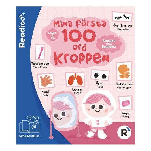 Framsida av boken "Mina första 100 ord: Kroppen" tvåspråkig på svenska och engelska med illustrationer av kroppens delar.