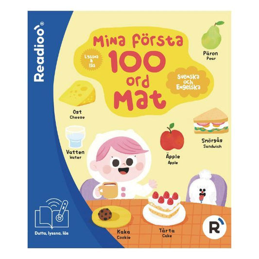 Framsida på Readioo-boken Mina första 100 ord: Mat på svenska och engelska