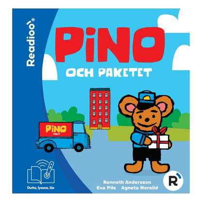 Interaktiv barnbok Pino och paketet från Readioo, färgglatt omslag med Pino som delar ut ett paket.