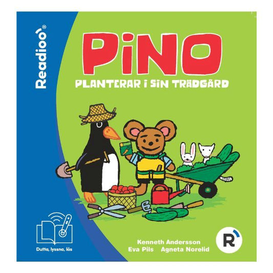 Interaktiv barnbok Pino planterar i sin trädgård från Readioo, färgglatt omslag med Pino och trädgårdsarbete.