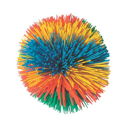 Färgglad pompomboll med mjuka gummitrådar för taktil stimulans, ca 7,5 cm i diameter