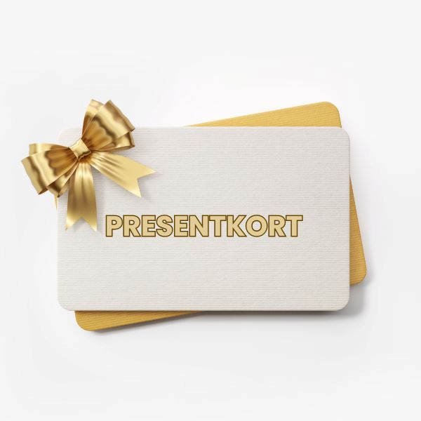 Presentkort från Psykiatrispecialisterna Shop med vit och guldig design och dekorativ rosett.
