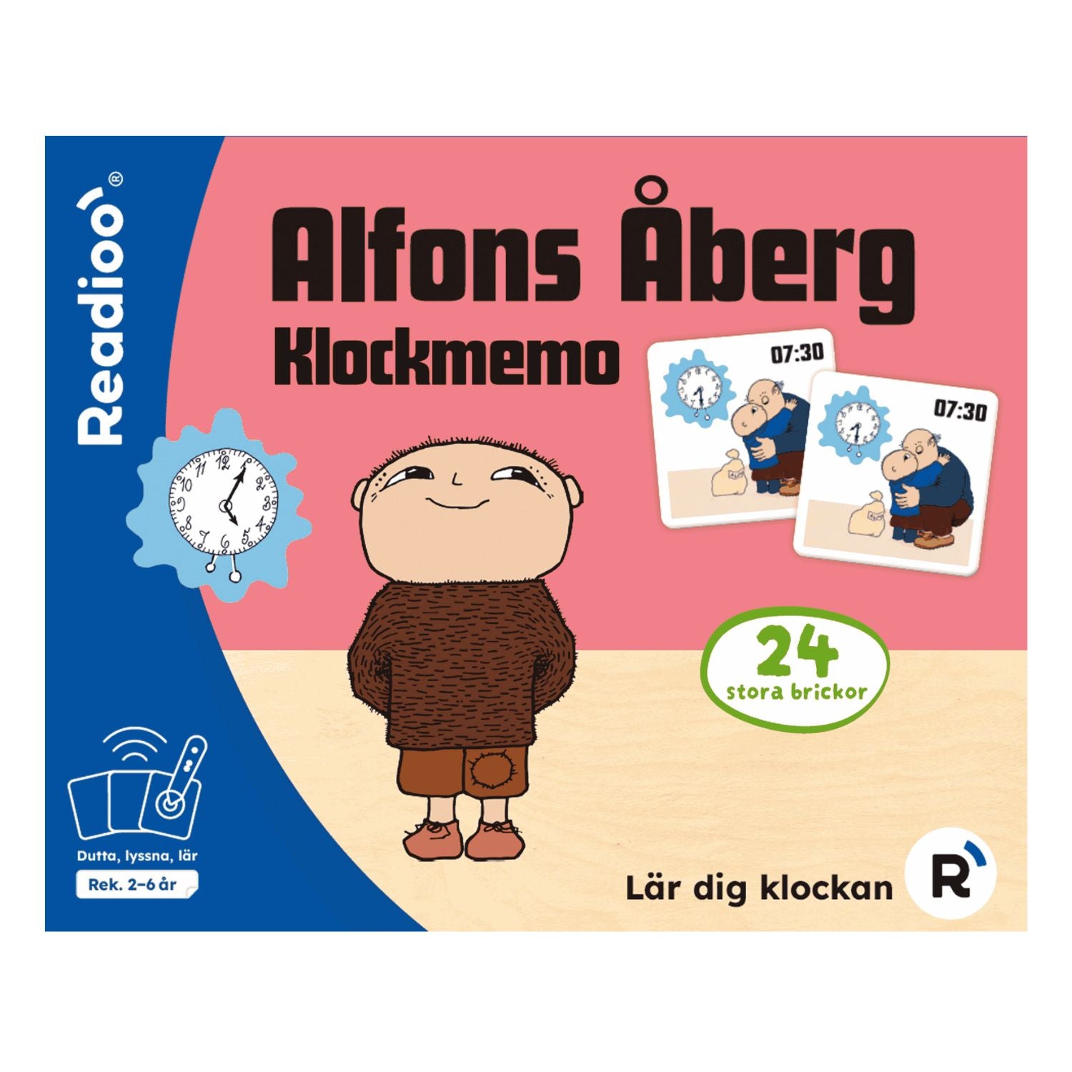 Readioo Alfons Åberg Klockmemo, förpackning med 24 stora brickor för att lära sig klockan, rekommenderad ålder 2 till 6 år.