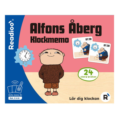 Readioo Alfons Åberg Klockmemo, förpackning med 24 stora brickor för att lära sig klockan, rekommenderad ålder 2 till 6 år.