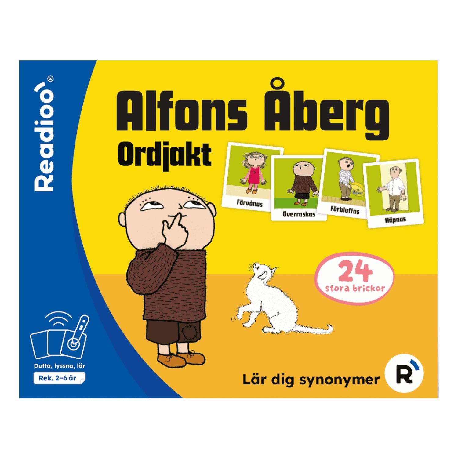 Readioo Alfons Åberg Ordjakt, förpackning med 24 stora brickor för att lära sig synonymer, rekommenderad ålder 2 till 6 år.