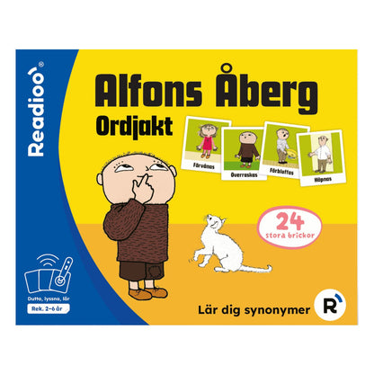 Readioo Alfons Åberg Ordjakt, förpackning med 24 stora brickor för att lära sig synonymer, rekommenderad ålder 2 till 6 år.